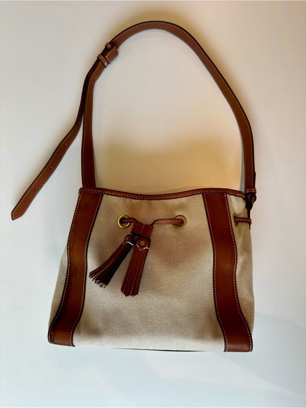 Spartina 449 Canvas & Leather Bucket Shoulder Bag Tassel